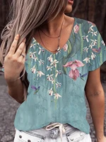 women 2022 new summer short sleeve flowers printed v neck tops casual loose t shirts plus size streetwear pullover top tee