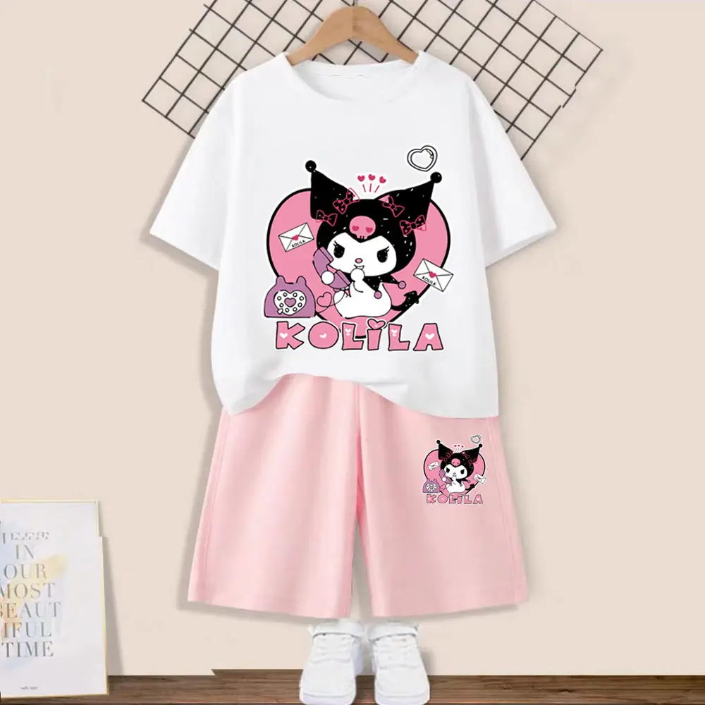 

Cartoon Sanrioed Kuromi Girls' Pure Cotton Short Sleeved Set Summer T-Shirt Loose and Thin Casual Sportswear Two-Piece Set
