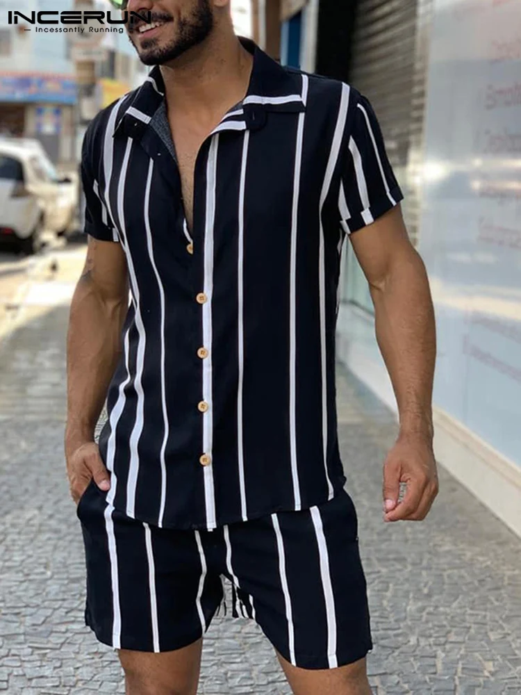 

Handsome Well Fitting Men's Fashion Striped Short Sleeve Tees Short Pants Male Casual Hot Sale Suit 2 Pieces S-5XL INCERUN 2022