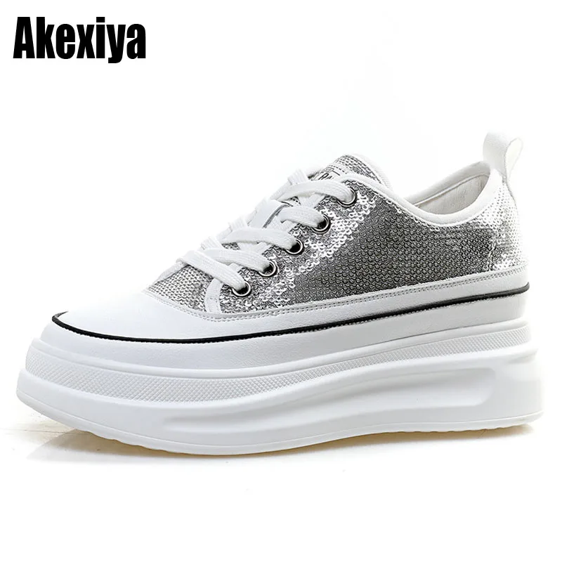 

7cm Women Casual Shoes Genuine Leather Platform Wedge Women Fashion Sneakers Chunky Shoes Bling Bling Spring BC3952