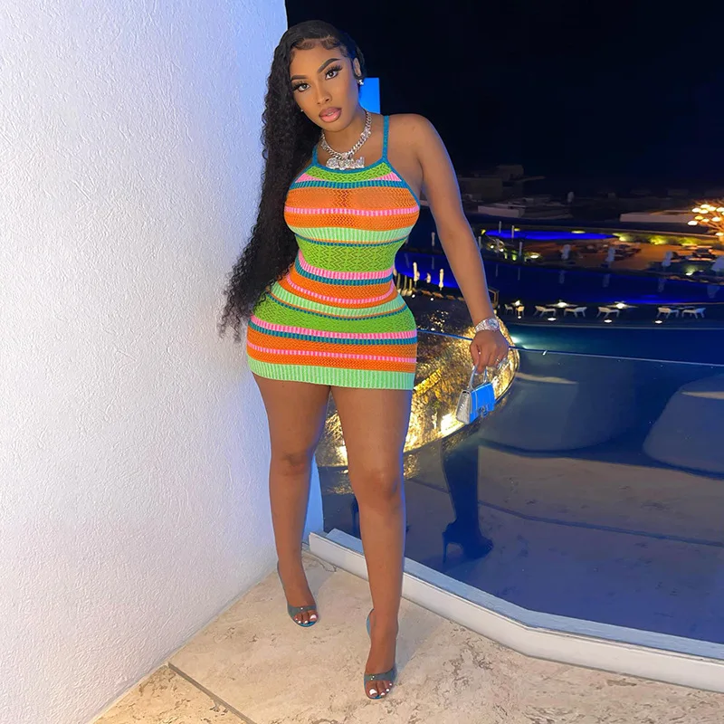 

2022 Summer Women's New Fashion Sling Backless Sexy Wrap Hip Dress Mini Dress Women's Solid Color Tight Stripe Street Tank Top