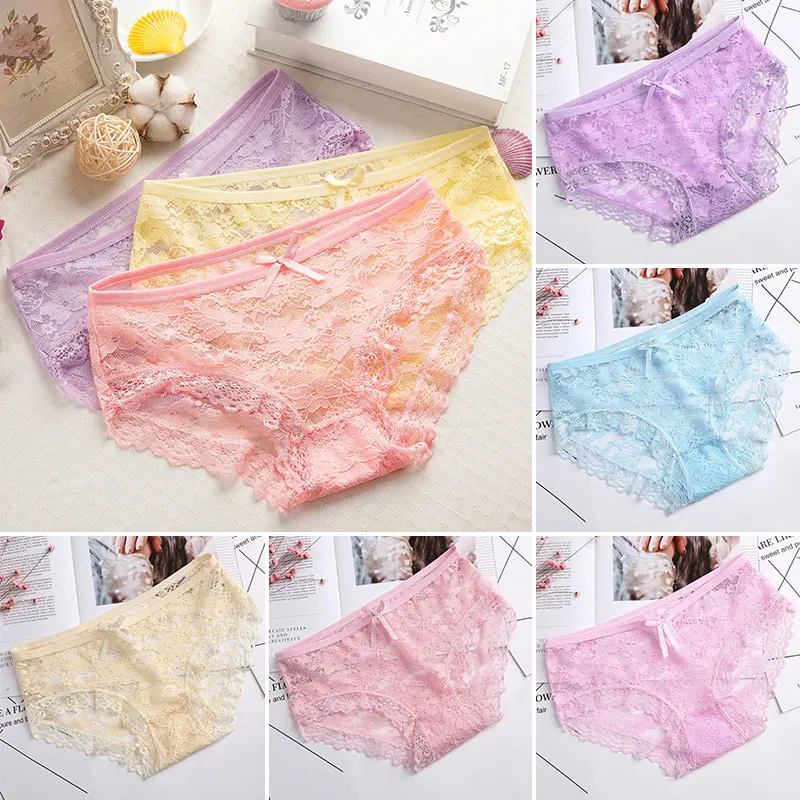 

Women's Panties Bow Hollow Out Low Waist Underwear Solid Flower Mesh Ruffle Underpants Large Size Briefs Sexy Woman Clothes New