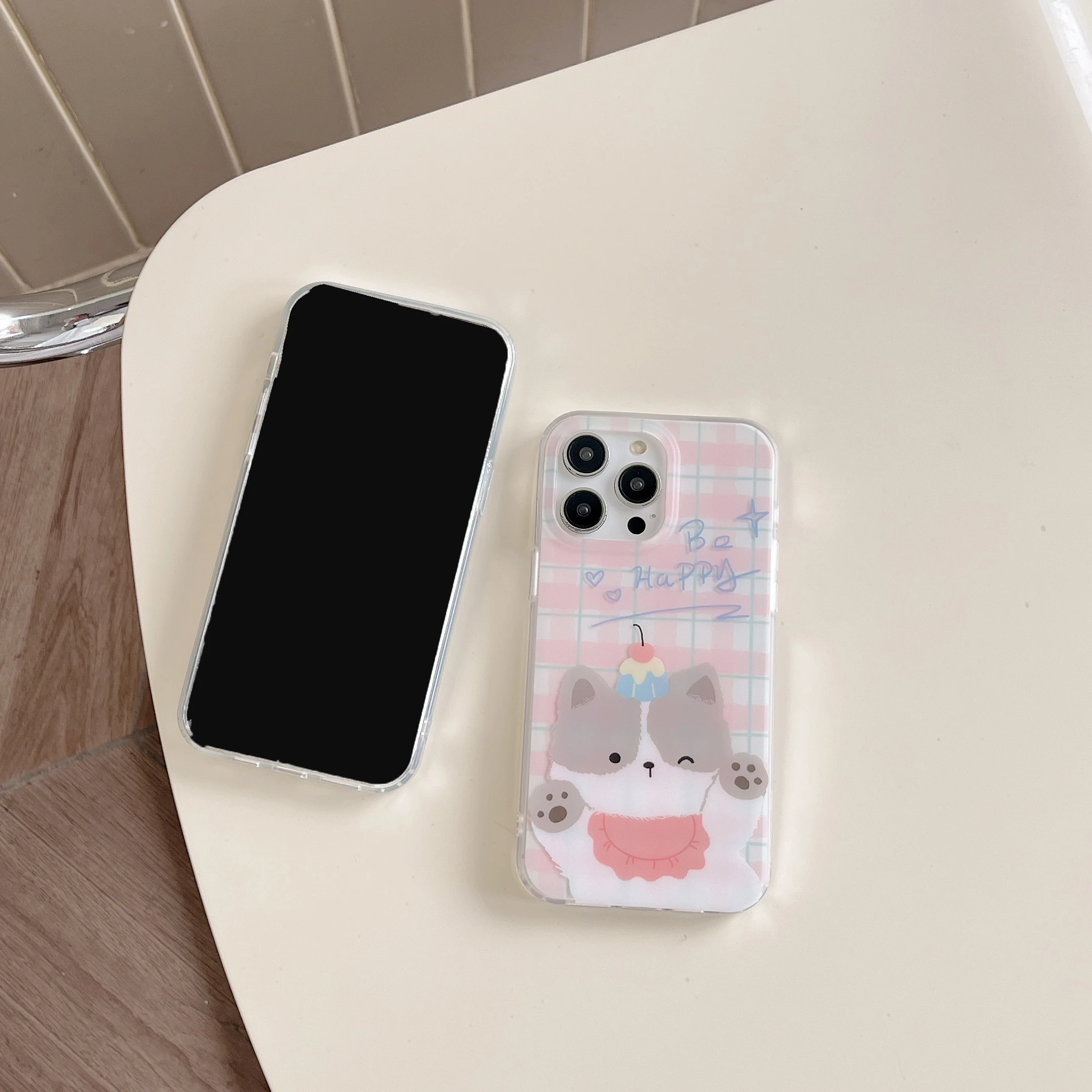 Чехол для телефона в клетку с милым щенком и котенком IPhone 16 16pro 16promax 15 15pro 15promax 14 14pro