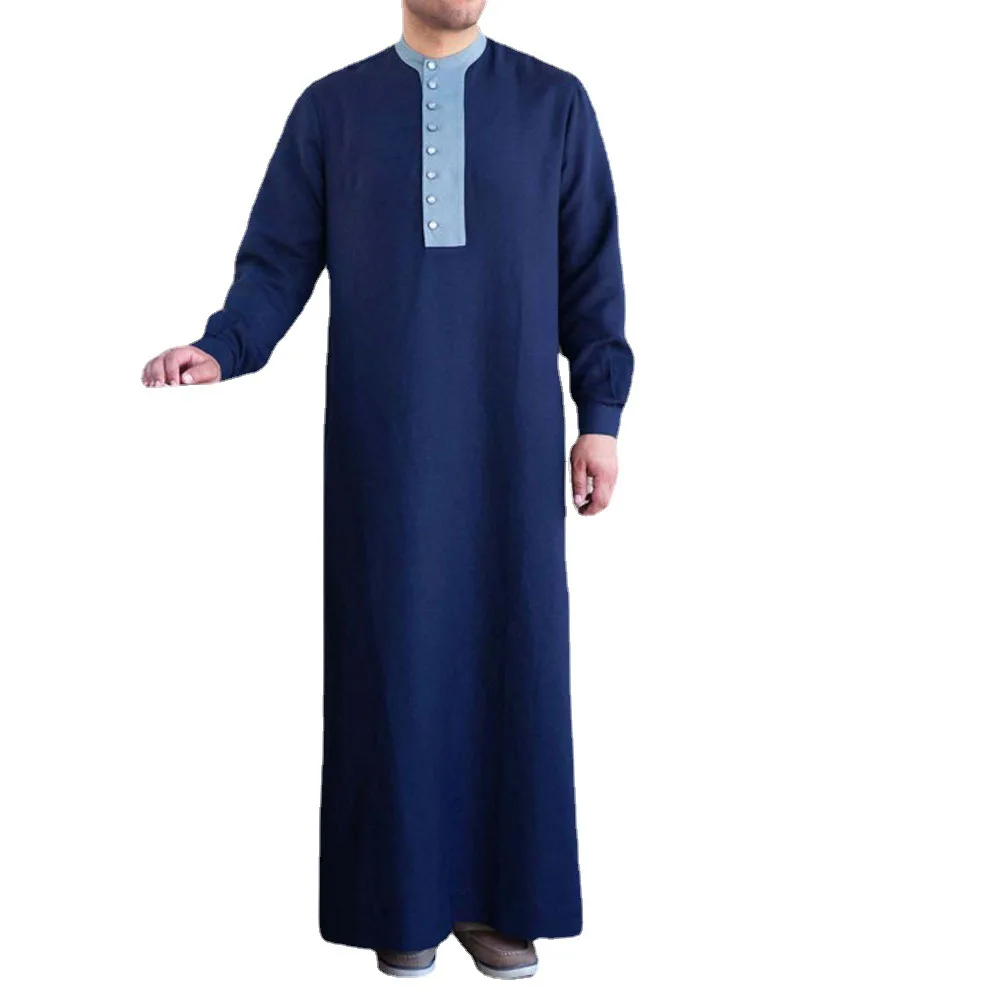 2022 Spring Autumn Muslim Men Long Sleeve O-neck Polyester Jubba Thobe Muslim Fashion