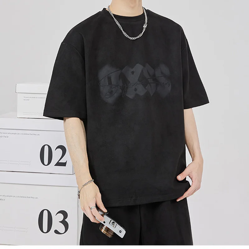 Summer Faux Suede Short Sleeve T-Shirt Letter Print +Trousers Tracksuit 2 Piece Man Fashion Hip Hop Casual Large Size Clothing