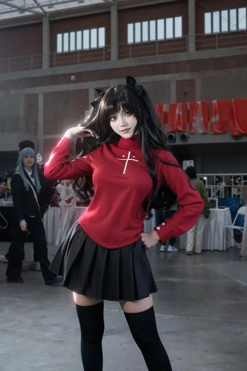 Фото Fate Stay Night Tohsaka Rin Аниме Косплей Костюм Комплект - Красная Рубашка Юбка Женское Платье на Хэллоуин с Головным Убором для Ролевых Игр №5