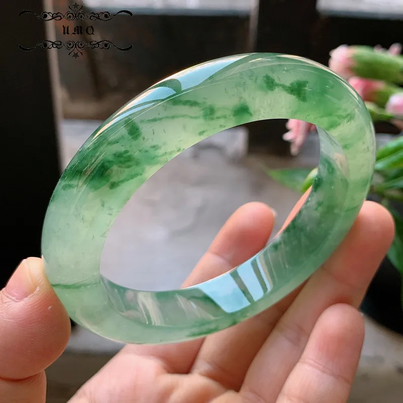 

Laokeng Myanmar Ice Floating Flower Jade Bracelet Floating Green Flower Positive Circle Jade Bracelet Women's Counter