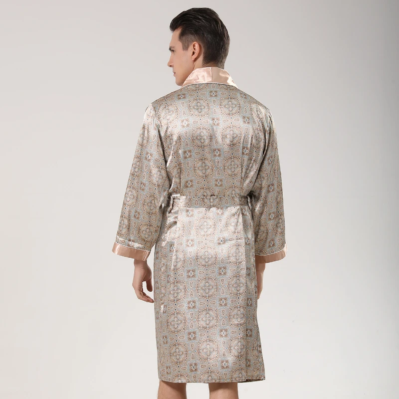 5XL 4XL Men Robe Silk Bathrobe Soft Cozy Long Sleeve Nightgown One-Piece Kimono Men Bath Gown Printed Robes Home Satin Sleepwear