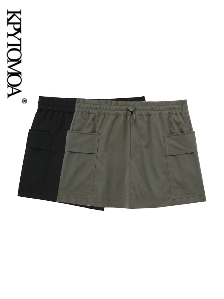 

KPYTOMOA Women Fashion With Pockets Shorts Skirts Vintage Mid Elastic Waist With Drawstrings Female Skort Mujer
