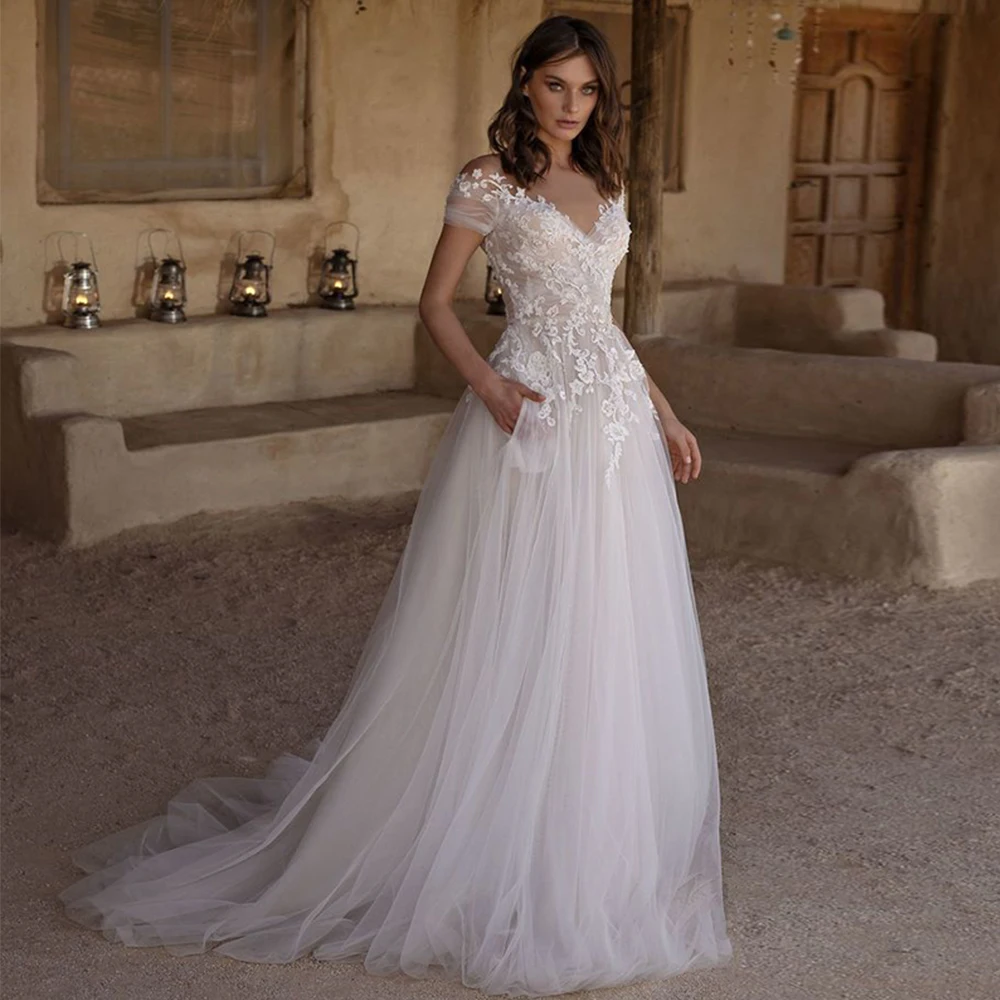 

Weilinsha Modest A-Line Cap Sleeves Appliques Wedding Dress Tulle Illusion O-Neck Corset Button Back Bridal Gowns Robe De Mariée