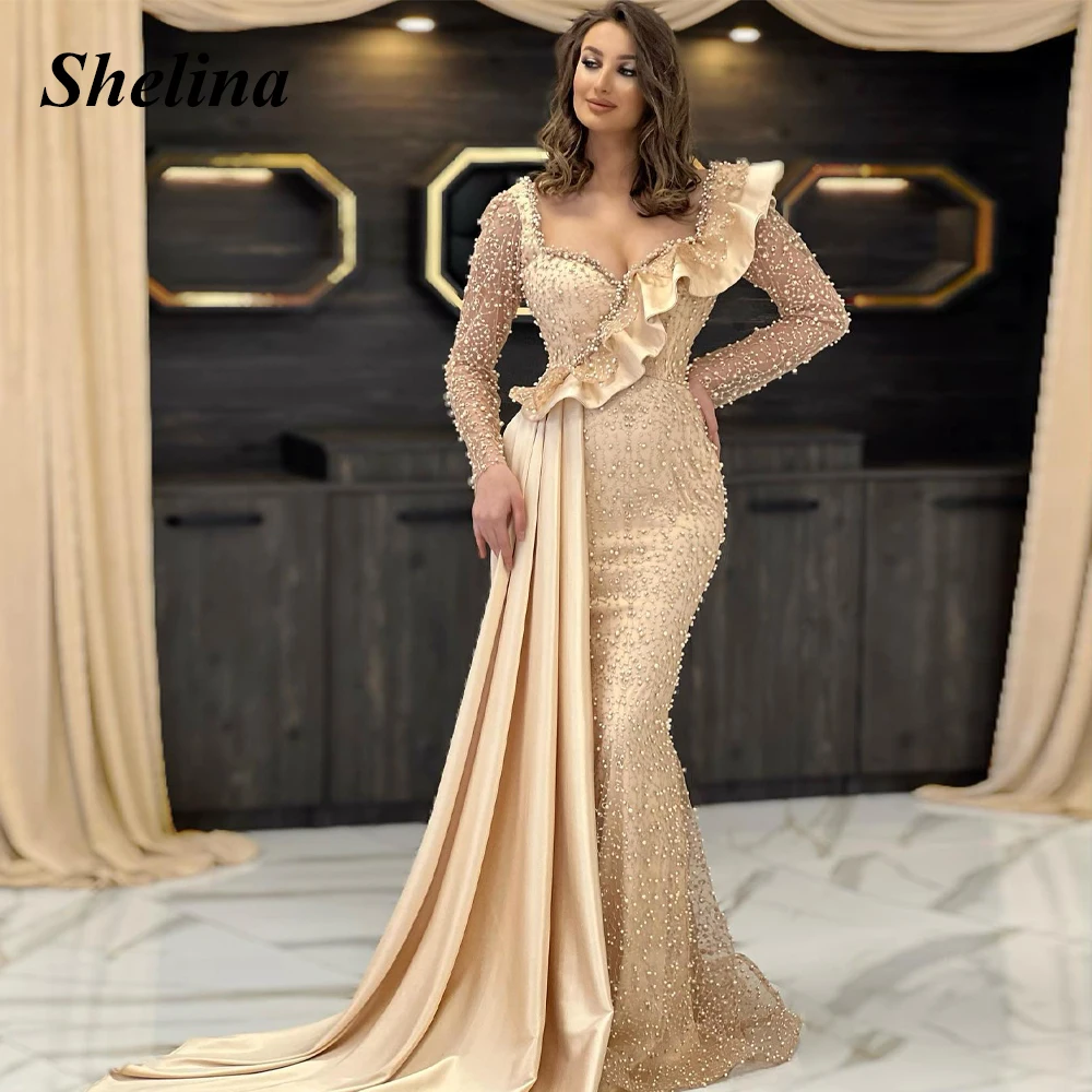 

Shelina Attractive V-neck Graduation Dress Ruffles Pearls Mermaid Pleat Sweep Train Satin Vestidos De Baile Made To Order