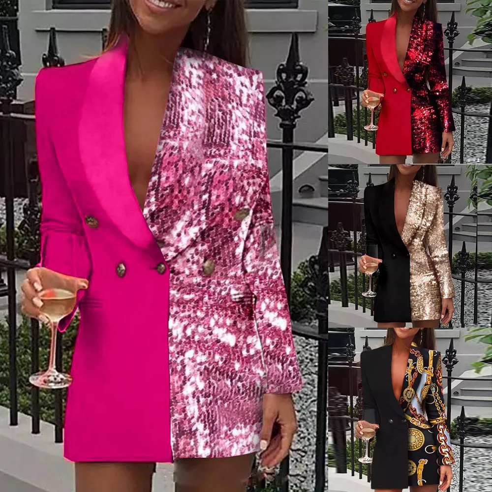 Женский пиджак в стиле пэчворк с глубоким V-образным вырезом