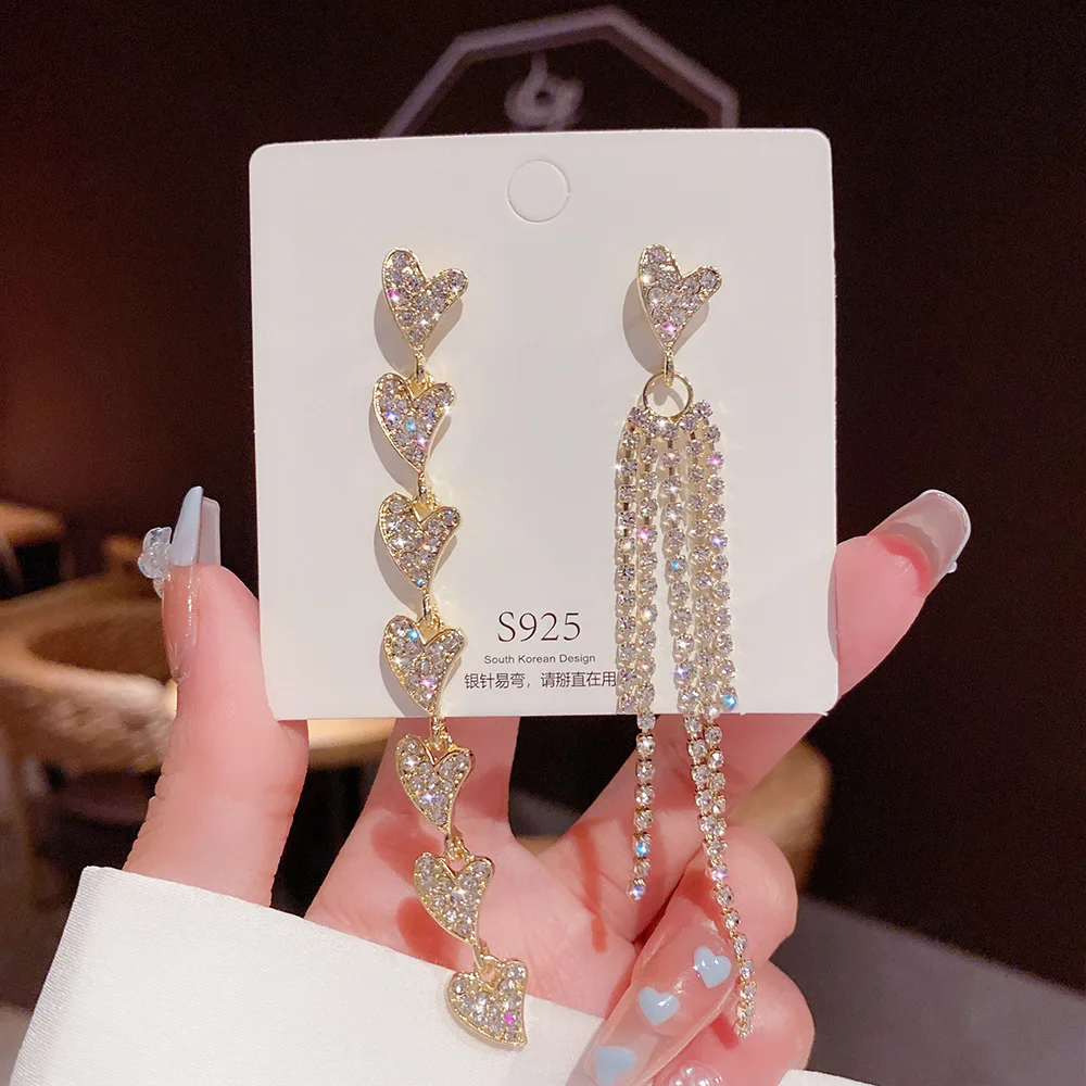 

S925 Silver Needle Rhinestone Twisted Oblique Heart Long Chain Tassels Earrings Women's Fashion Ins Style Ear Stud Jewelry