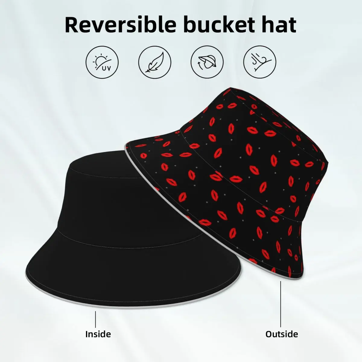 

Red Lips Print Bucket Hat Lipstick Kiss Hiking Fun Reflective Fisherman Hats Printed Double-sided Wear Sun Hat