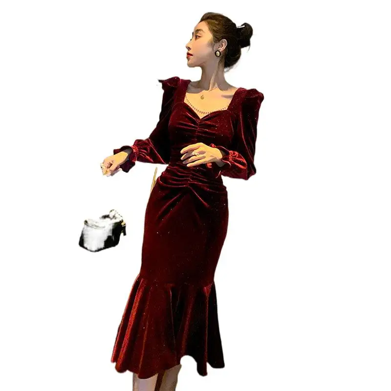 

2021 wine red gold velvet dress autumn winter high-end temperament France
