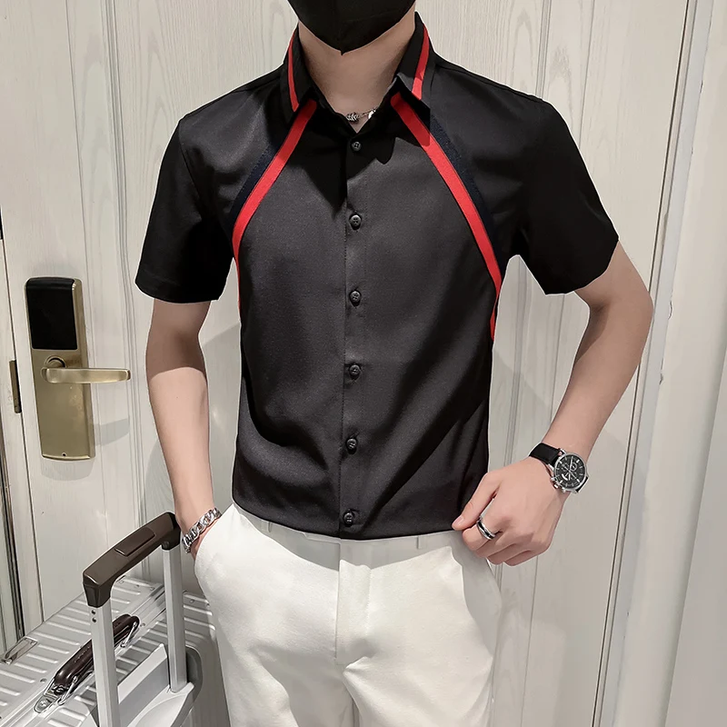 Summer Short Sleeve Shirts for Men Contrasting Colors Splicing Casual Slim Shirt Office Social Party Shirts Party Tuxedo Blouse