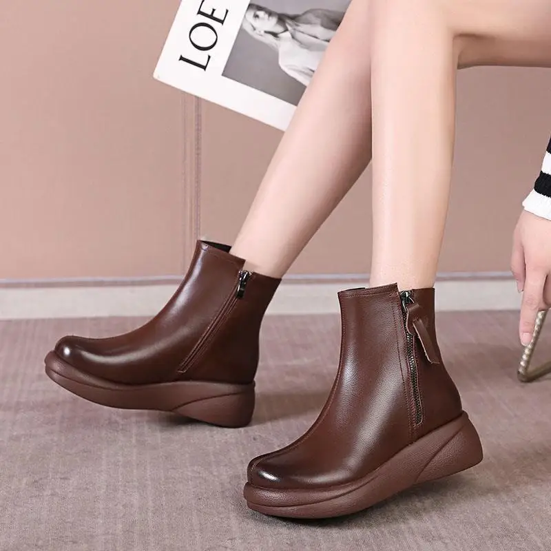 

Women Winter Casual Platform Block High Heels Ankle Boots Female Suede Fleece Zipper Buckle Warm Snow Boots Shoes