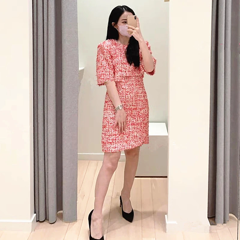 

Women Fashion Cloak Design Fake Two Pieces Tweed O-Neck Short Sleeve OL Elegant Mini Dress