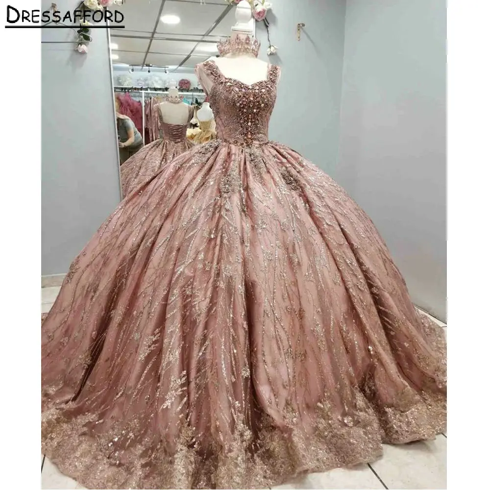 

Rose Gold Handmade Beading Corset Quinceanera Dress Ball Gown Off The Shoulder Glitter Crystal Graduation 7th Vestido De XV Anos