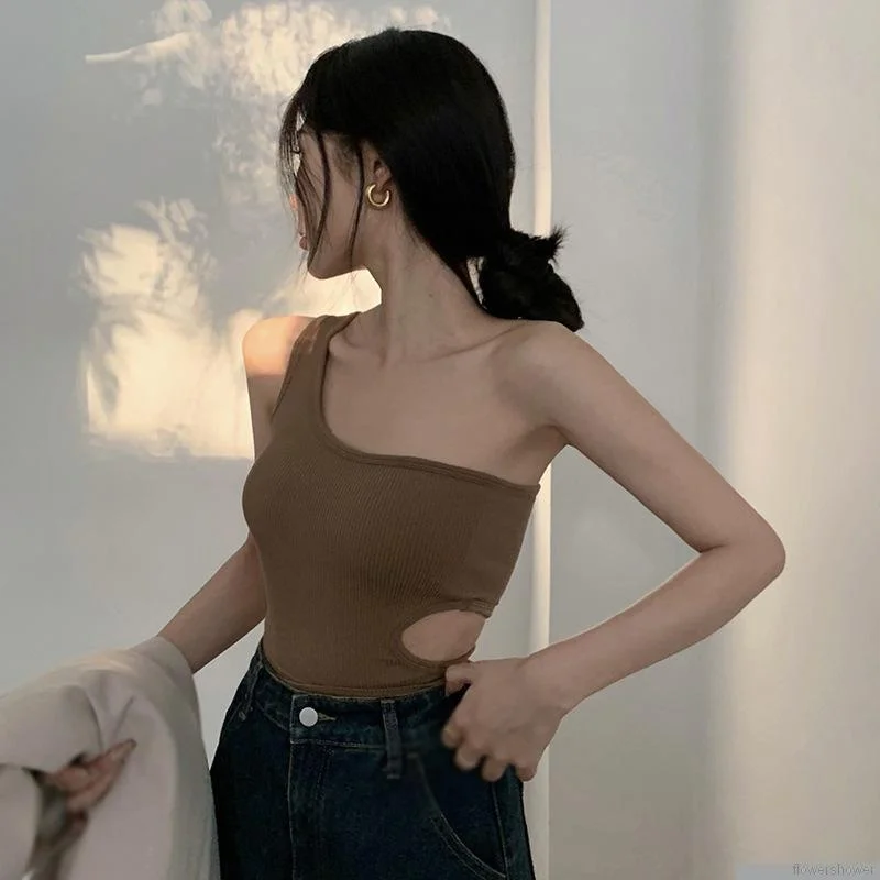 

Camisoles for Women Padded Irregular Tank Tops Solid Color One Shoulder Sleeveless Crop Tops