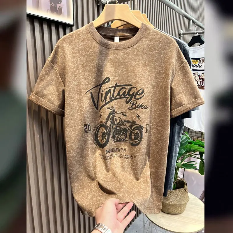 Футболка мужская с коротким рукавом круглым вырезом и принтом мотоцикла