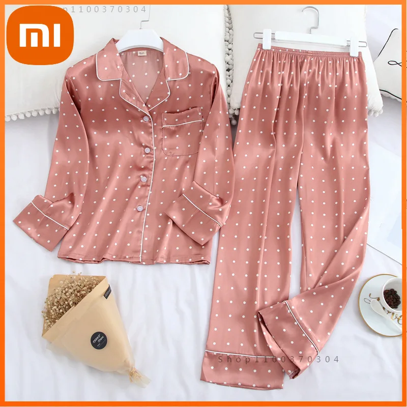 

Xiaomi 16 Patterns Pajamas Autumn Silk Like Long Sleeve Trousers Suit Printing Fashion Pyjamas Set Pijamas Feminino Home Clothes