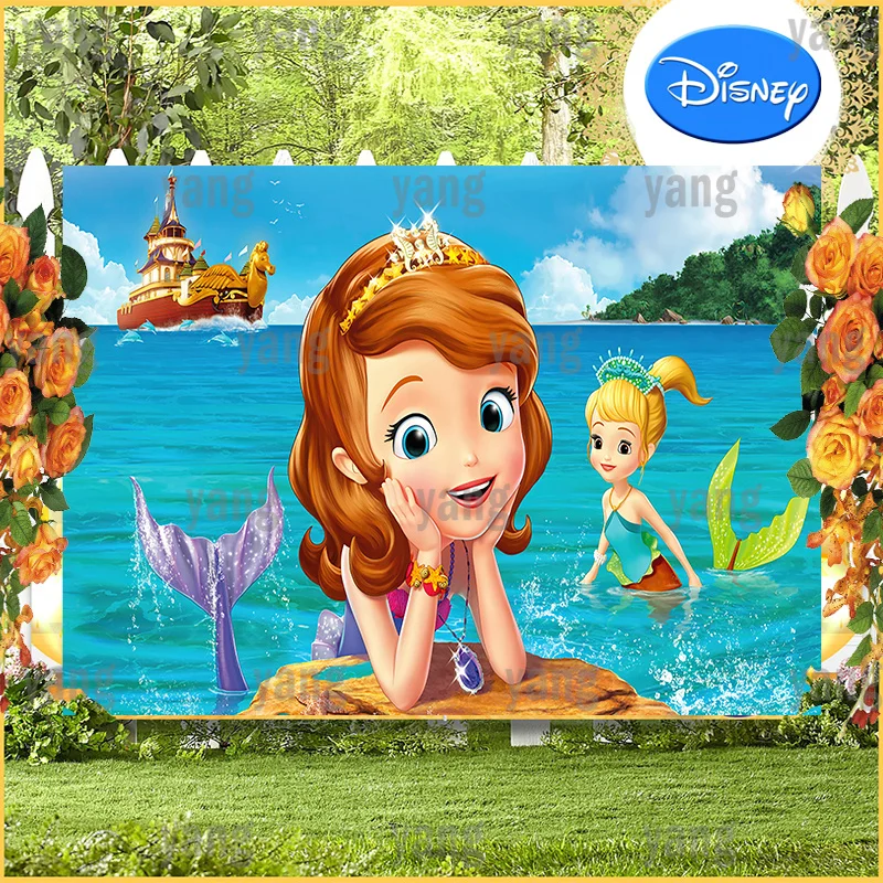 Free Customize Blue Sea Backdrop Disney Cute Crown Princess Sofia Girls Happy Birthday Party Decoration Baby Shower Background