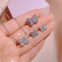 2022 new fashion butterfly three piece set pendant necklace earrings ring for women bow full diamonds valentine day gift jewelry