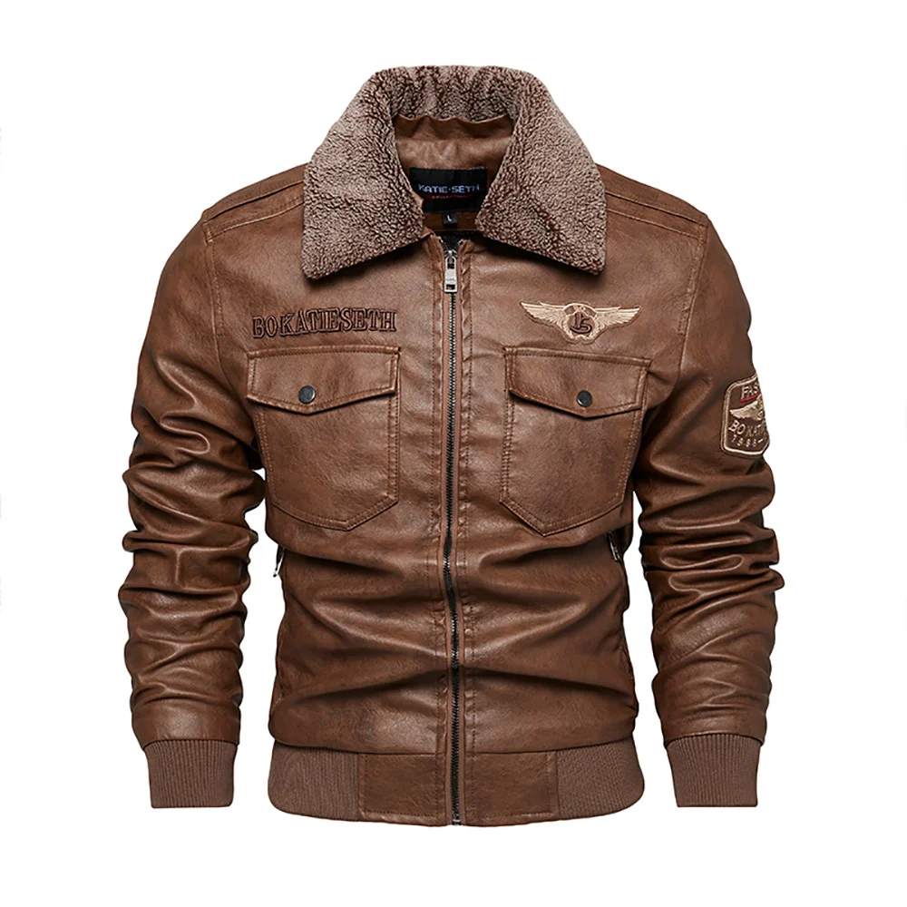 

JG-2376 Men's Fleece Lapel Leather Jacket Multi-pocket Motorcycle Zipper Fur Collar Detachable