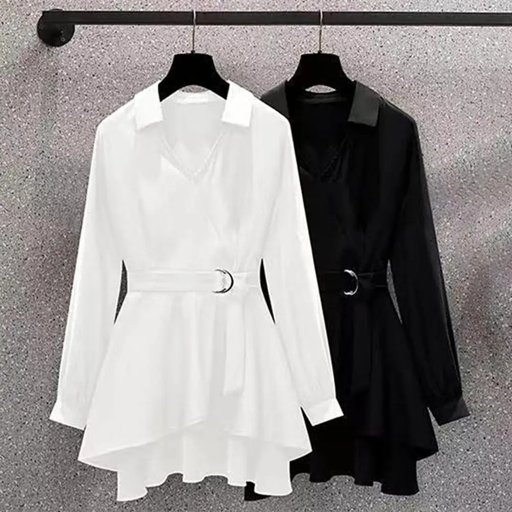 

Women Shirt Dress Lapel V Neck Long Sleeves Irregular Hem Waist Tight Adjustable Belt Pullover Shirt Top Female Clothing Blouses