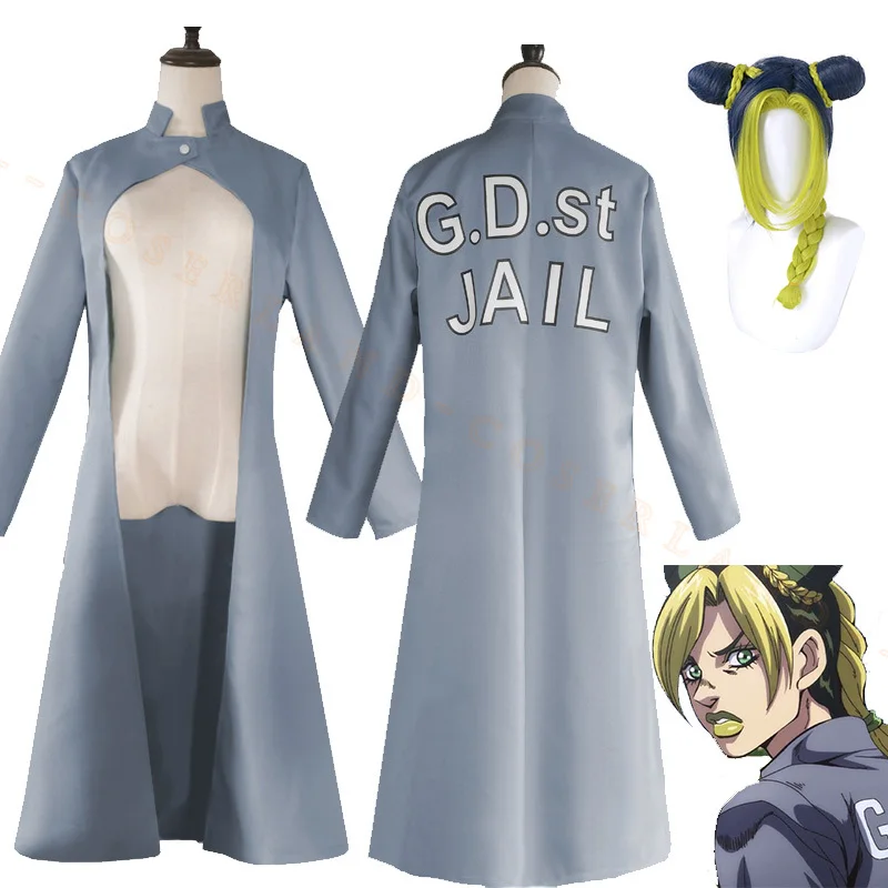 

Anime JoJo's Bizarre Adventure Stone Ocean Jolyne Cujoh Cosplay Costume Gray Long Trench Uniform Blue Green Bun Wig Cosplay Prop
