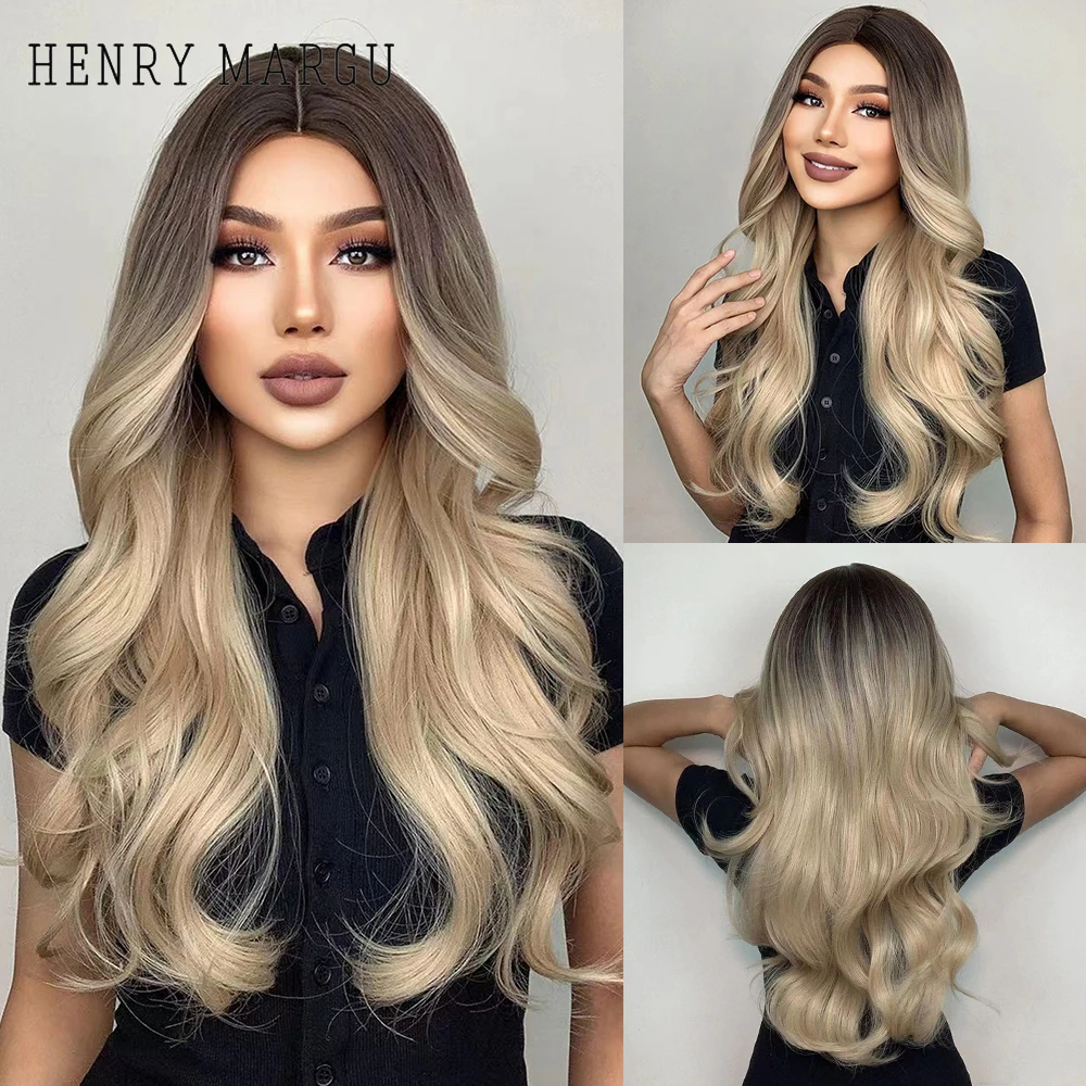 

HENRY MARGU Ombre Long Brown Blonde Synthetic Wigs for Women Natural Wave Middle Part Daily Cosplay Heat Resistant Fiber Wigs