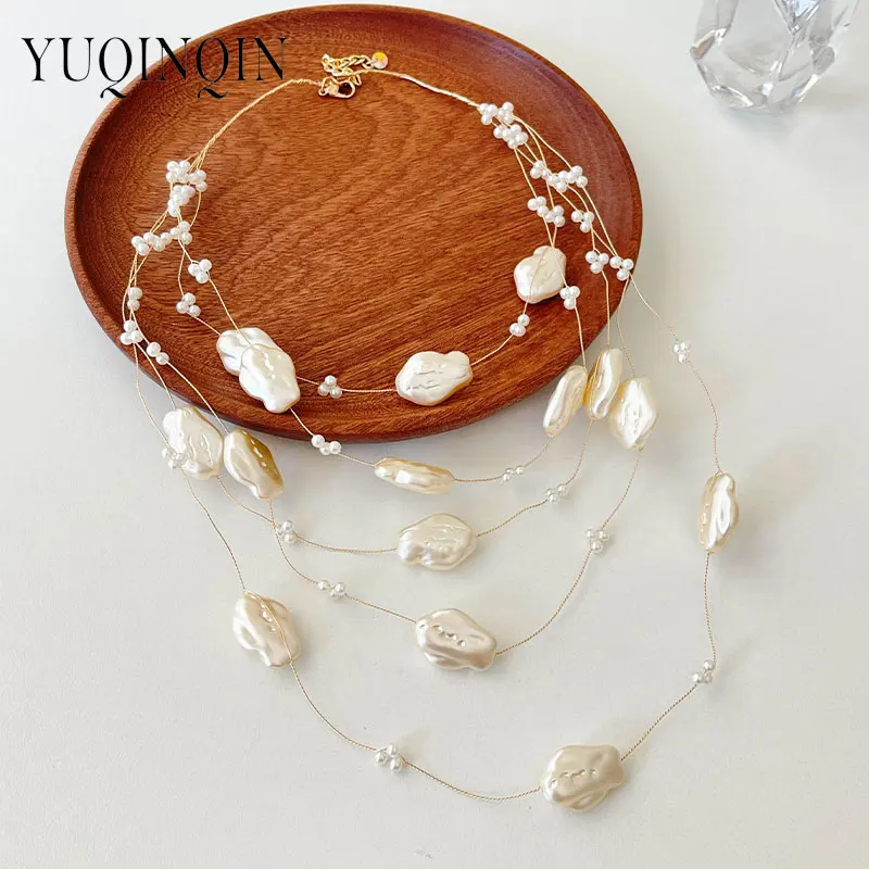 Ожерелье женское многослойное длинное с имитацией жемчуга и бусинами