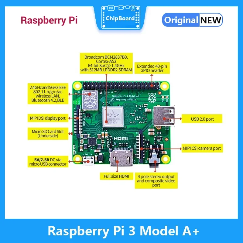 Raspberry Pi 3 Model A+ (A Plus) 1 4 ГГц 64-битный четырехъядерный процессор ARM Cortex-A53 512 МБ LPDDR2 SDRAM