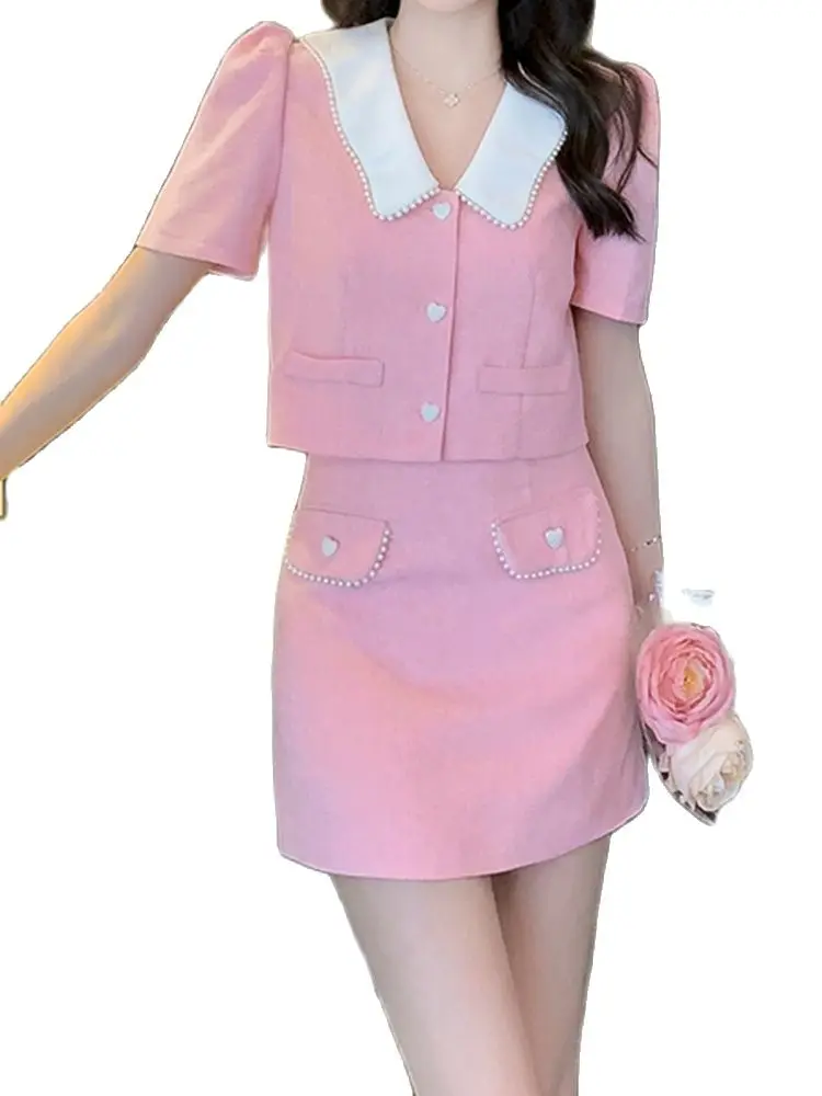 

Temperament Suit Single-Breasted Short-Sleeved Top + Skirt Two-Piece Set 2022 New Fashion Women'S Clothing