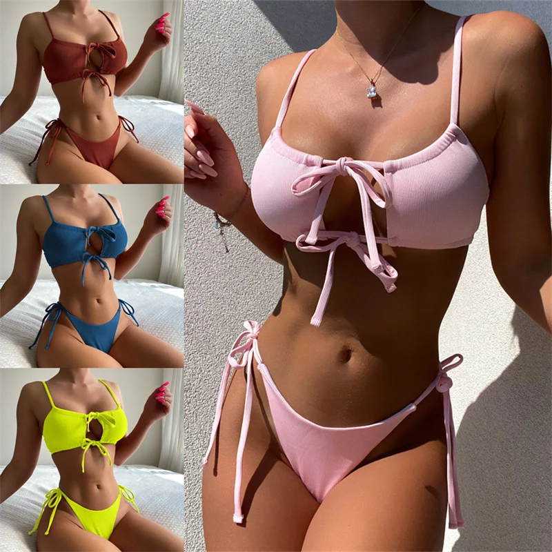 

Stylish And Sexy Bikini Swimsuit New Solid Color Beau Set From Europe And America For Women Beachwear And Swimwear