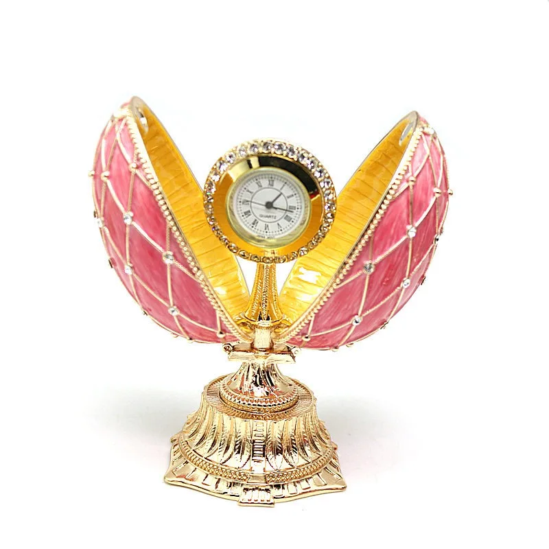 Faberge Egg Trinket Box & Clock Handmade Crystals Egg Shaped Hinged Trinket with Clock inside