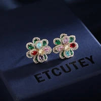 korean fashion brand jewelry colorful blue cubic zirconia crystal flower camellia earrings presents for women gift 2022