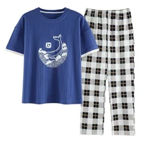 women pajama 2 pcs sets cotton t shirt elastic waist ankle length pants cartoon plaid sweet home clothes can wear outside