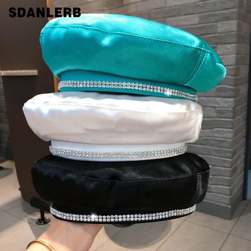 

Rhinestone Beret Women's Flat Top Retro British Painter Hat Spring and Summer New Casual All-Matching Female Beret Caps