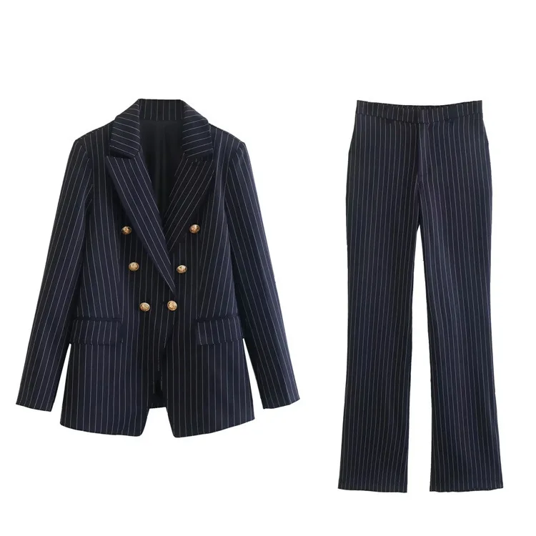 Spring New Women's Fine Stripe Double breasted Suit Coat Slim Fit Pants Set