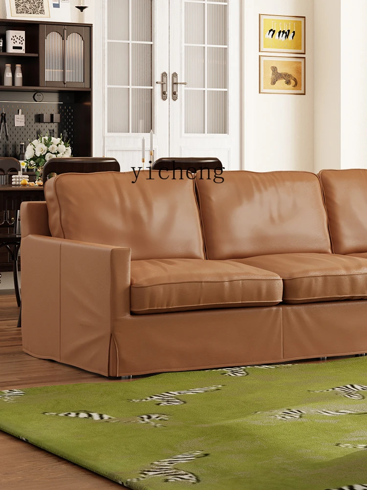 Кожаный диван-тофу ZK первый слой из воловьей кожи Трехместный прямой кожаный