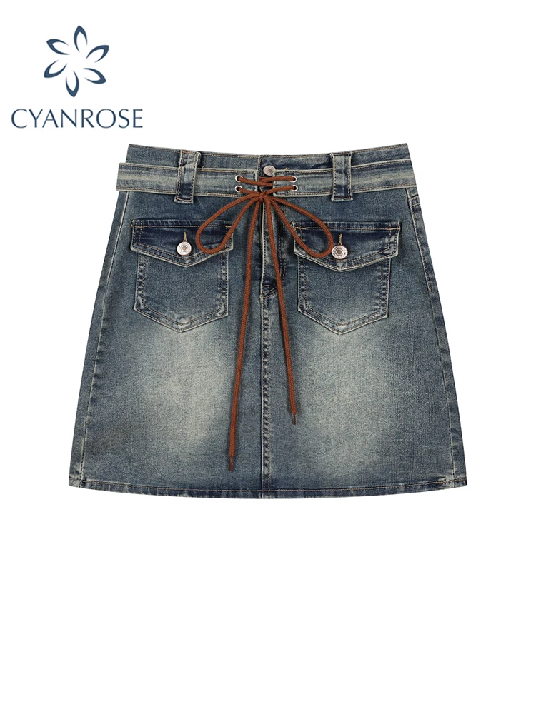 

Women's Jean Skirts Shorts Blue Vintage Y2k Korean Harajuku Girls 90s Bandage A-Line Mini Denim Cargo Skirt Fashion Summer 2023