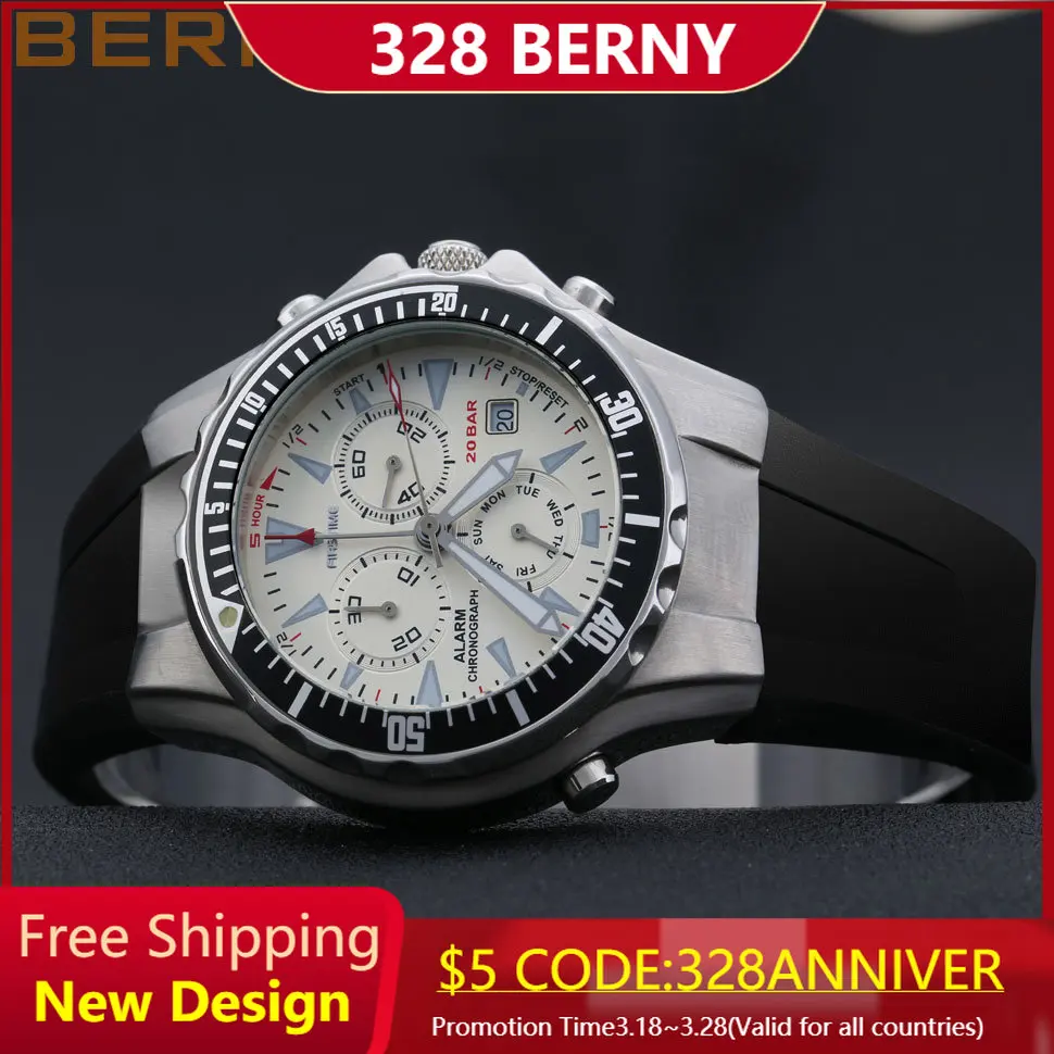 

BERNY Quartz Luminous Diver Watch 200 Meters Ultra Water Resistant Wristwatch Men's Watch Easy Read in Dark Sapphire Glass Clock