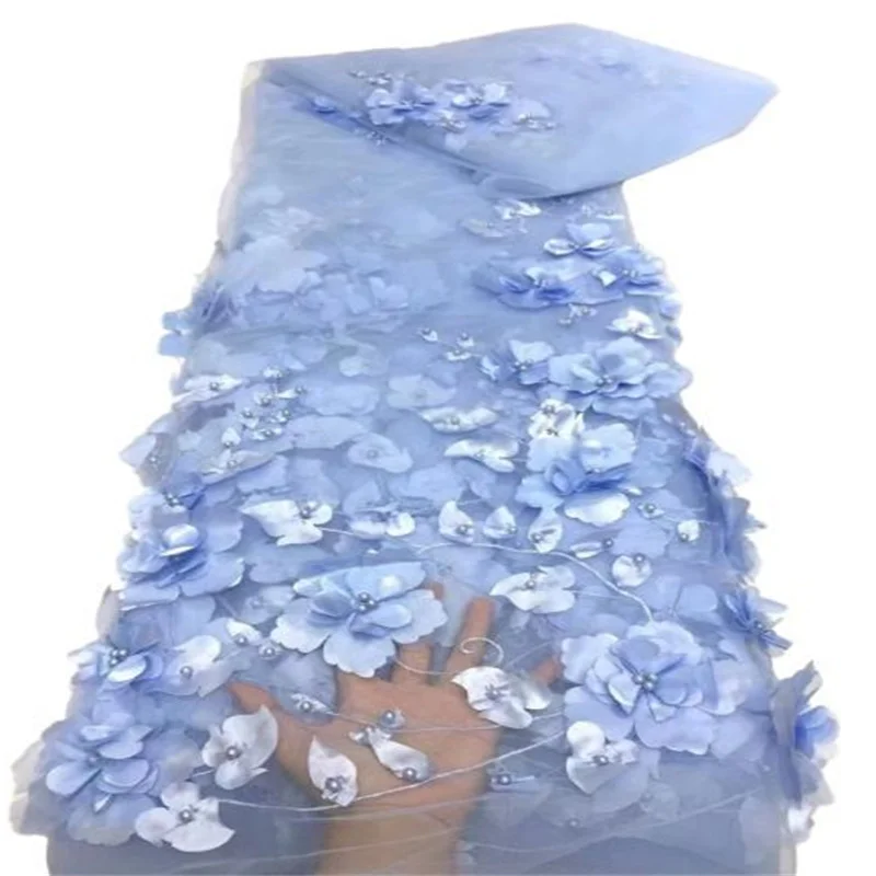 

2023 Sky blue African Mesh Rainbow Luxury Beads Lace Embroidery Fabric Hot Selling French Lace Tulle Fabric Beads For Women