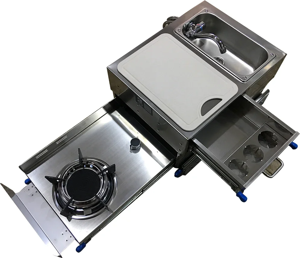 Мини-газовая плита с раковиной и выдвижным ящиком из нержавеющей стали