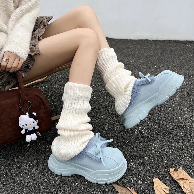 Женские зимние ботильоны на меху с бантом хлопковые тапочки платформе и плоской