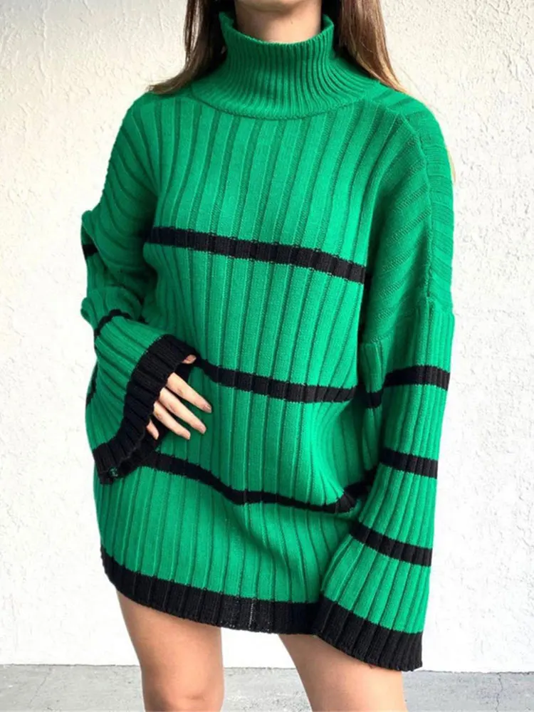 

Women Striped Printed Turtleneck Sweaters Autumn Winter Flare Sleeve Patchwork Sweater Lady Casual Streetwear Loose Jumper 2022