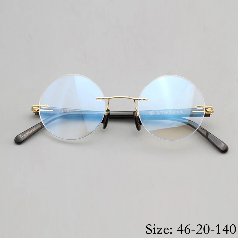 New Fashion Vintage Rimless Eyeglass Frame Natural Buffalo Horn Retro Real Round Women Men Sphere Optical Myopia High Quality