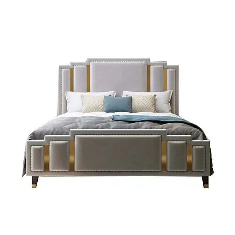 

High end velvet bed headboard with gold stainless steel modern Bedroom exclusive design Luxury King Size Bed Frame